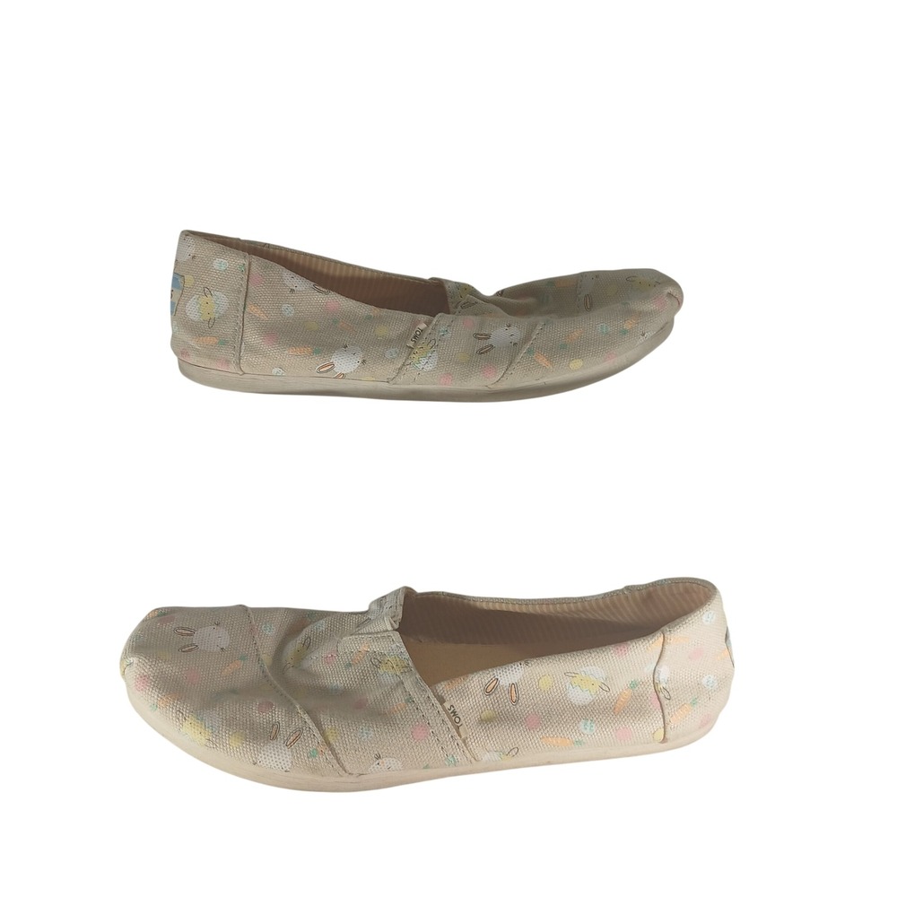 TOMS Alpargata Size 9 Beige Easter Bunny Chick Print Canvas Slip On Flats